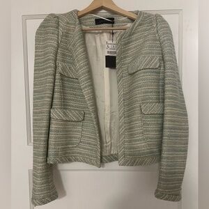 NWT Zara Tweed Metallic Mint Green Striped Blazer